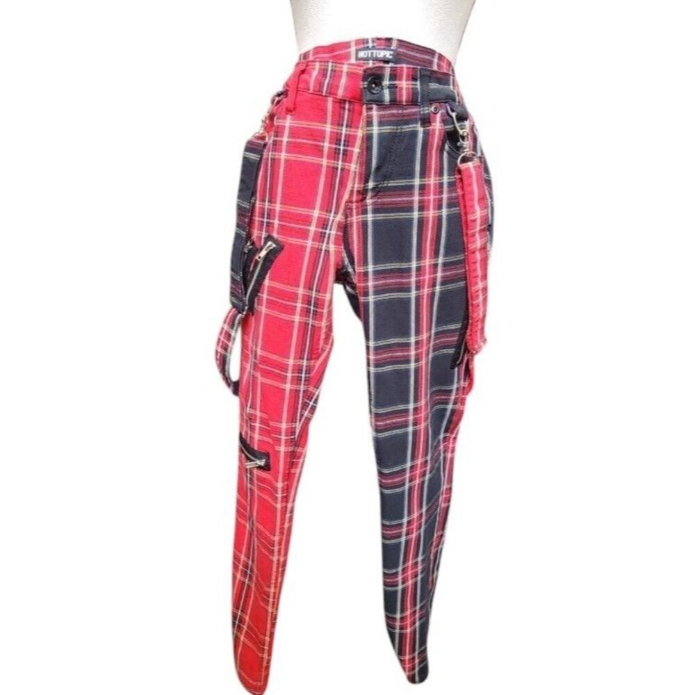 Hot Topic Denim Red & Black Double Plaid Suspender Stinger Jeans Size 32x32 Punk